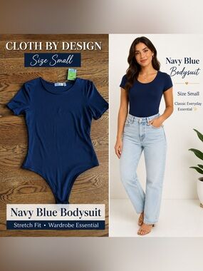 Cloth By Design Navy Blue Short Sleeve Bodysuit Size Small Stretch
